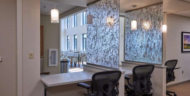 Reception desks in lobby area