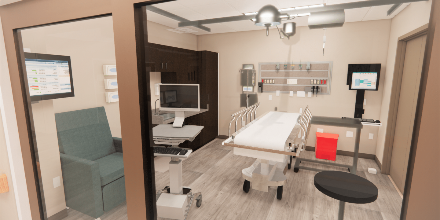 Rendering of hospital room with gurney