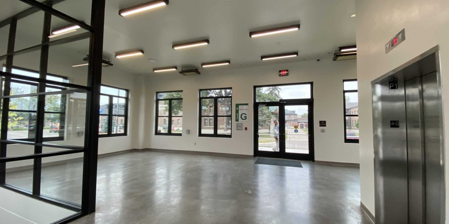 Lobby and elevator area of parking garage