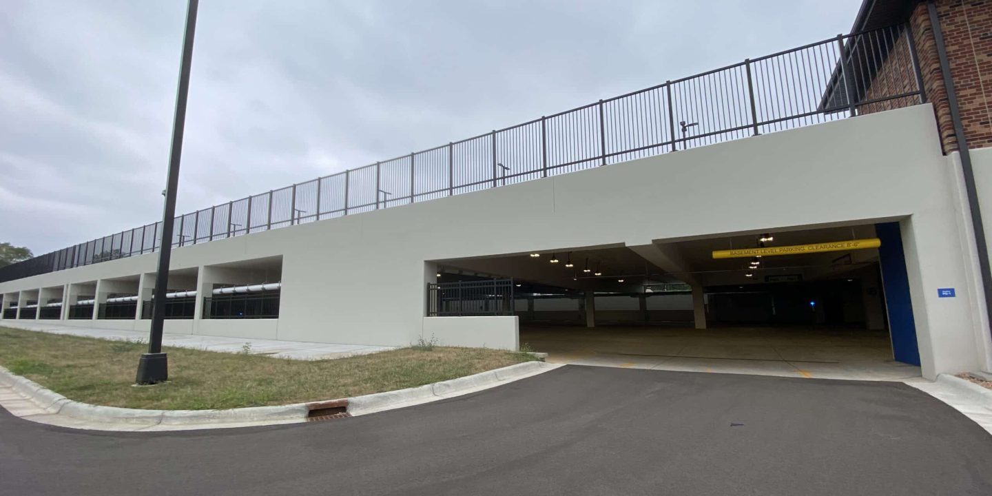 Street entrance to basement level parking garage