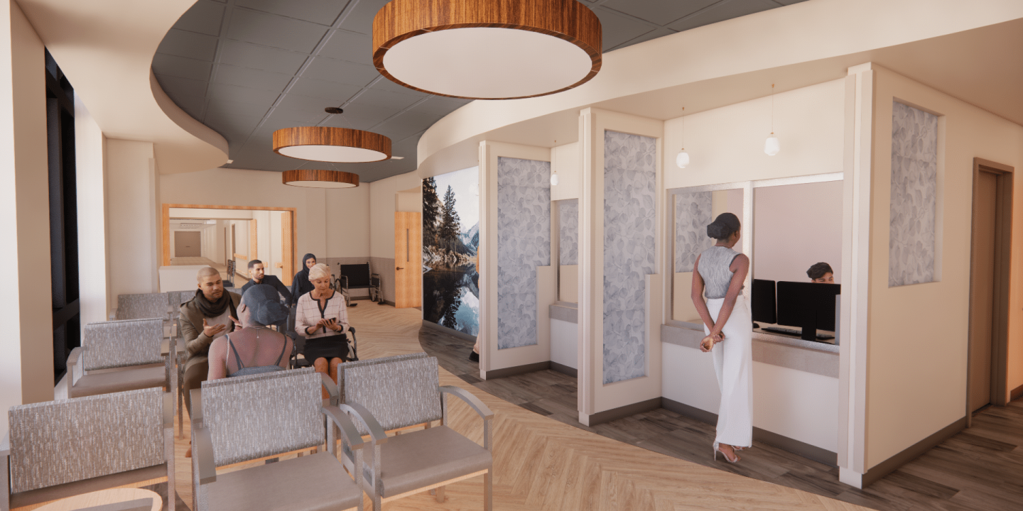 Rendering of hospital waiting area with people