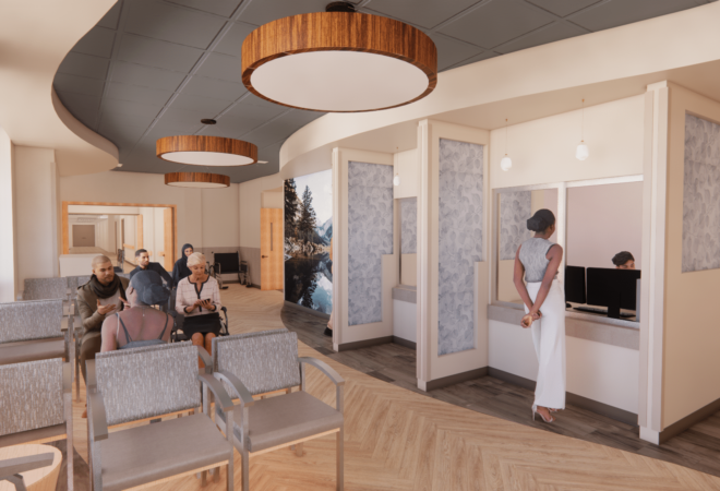 Rendering of hospital waiting area with people