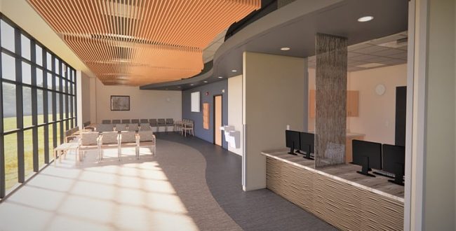 Rendering of lobby and receptionist desk