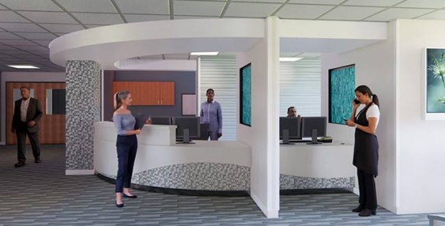 Rendering of people around receptionist desk