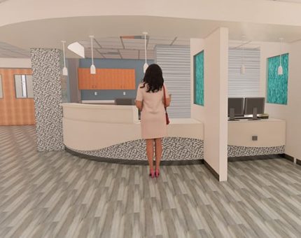 Rendering of woman standing at receptionist desk