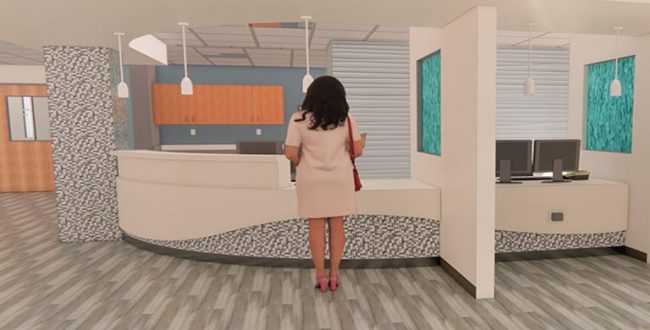 Rendering of person standing at receptionist desk