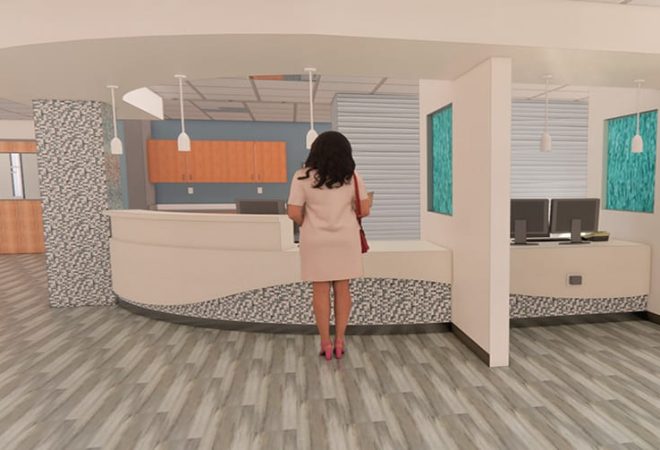 Rendering of person standing at receptionist desk