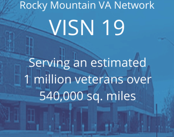 Buidling with text overlayed that says Rocky Mountain VA Network VISN 19, serving an estimated 1 million veterans over 540,000 square miles, Sheridan VA med center