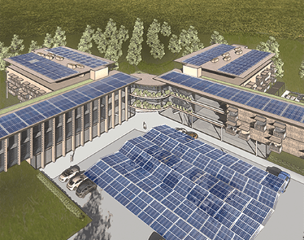 Birds eye view of building rendering with solar panels